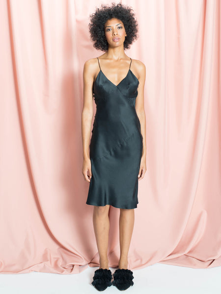 The Jade Midi Black, silk slip dress
